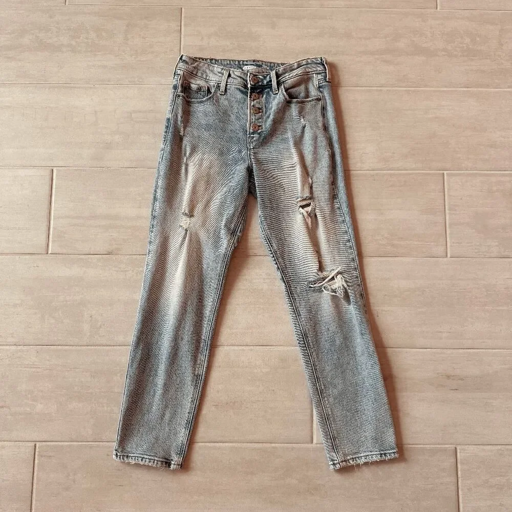 Old Navy Power Slim Straight High Rise Jeans Distressed Light Button Fly Ripped